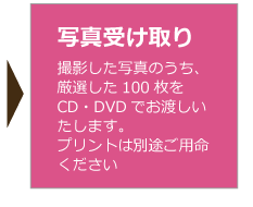 写真受け取り 撮影した写真のうち、厳選した100枚をCD・DVDでお渡しいたします。プリントは別途ご用命ください。